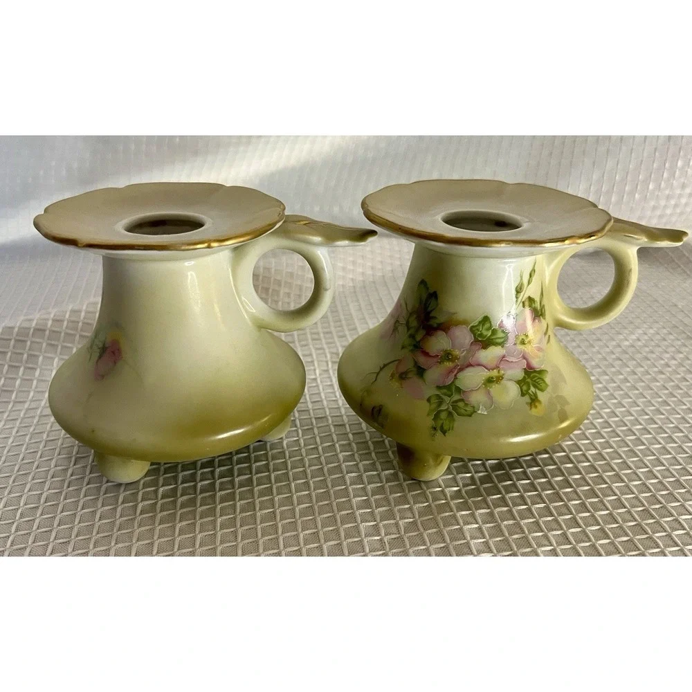 Vtg Nippon Hand Painted Porcelain Floral Candlesticks Pair Light Green Pink Gold